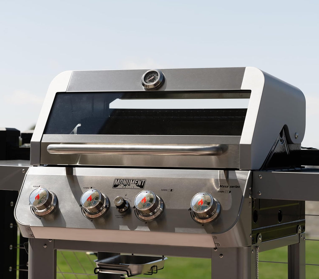 Monument Grills 4-Burner Liquid Propane Gas Grill, Silver Stainless Steel Grill Outdoor Patio Garden Barbecue Grill with Clearview® Lid and One Foldable Shelf, Mesa400MF