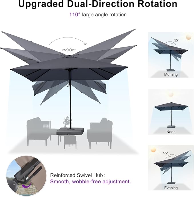 PURPLE LEAF 10' X 6.5' Left-right Tilting Outdoor Patio Umbrella Swivel Offset Cantilever Heavy Duty Rectangle Aluminum Umbrella with UV Resistant for Deck Pool Patio Backyard, Graphite Grey