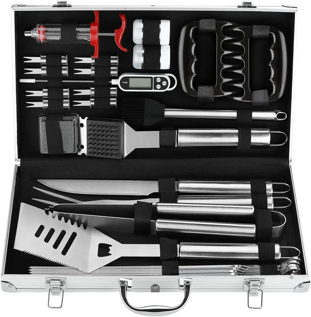 POLIGO 26PC Exclusive BBQ Grill Accessories in Aluminum Case for Birthday Christmas Grilling Gifts - Premium Grill Utensils Set with Barbecue Claws, Meat Injector, Thermometer for Smoker, Camping BBQ