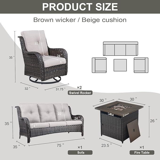 Outdoor Patio Furniture Set with 50000BTU Propane Fire Pit Table, 4 Pieces Wicker Patio Conversation Set with 2 Swivel Rocker Glider Chairs Rattan Sofa Beige Cushion Perfect for Gathering