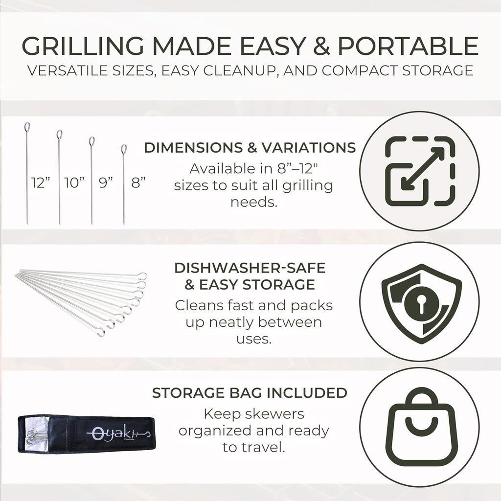 O-Yaki Flat Metal Kabob Skewer for Grilling – Set of 8 BBQ Skewers Stainless Steel with Storage Bag, Dishwasher Safe Skewers with Hook Handle & Sharp Tip for BBQ, Cookouts & Oven Use – 12 Inch