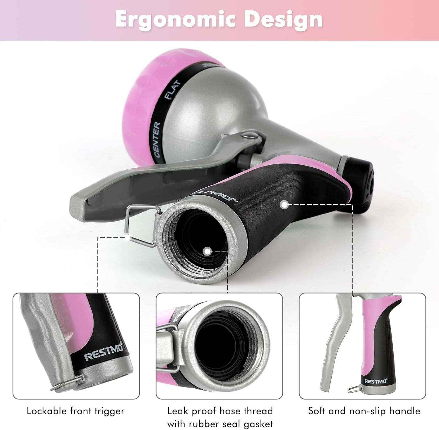 RESTMO Garden Hose Nozzle, Heavy Duty Metal Water Hose Nozzle with 7 Adjustable Spray Patterns, High Pressure Hand Sprayer with Flow Control, Best for Watering Plant & Lawn, Washing Car & Pet, Pink