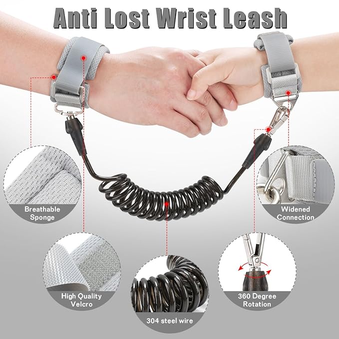 Toddlers Leash + Anti Lost Wrist Link Child Kids Safety Harness Kids Walking Wristband Assistant Strap Belt for Boys Pink Christmas Gift (Black 2)