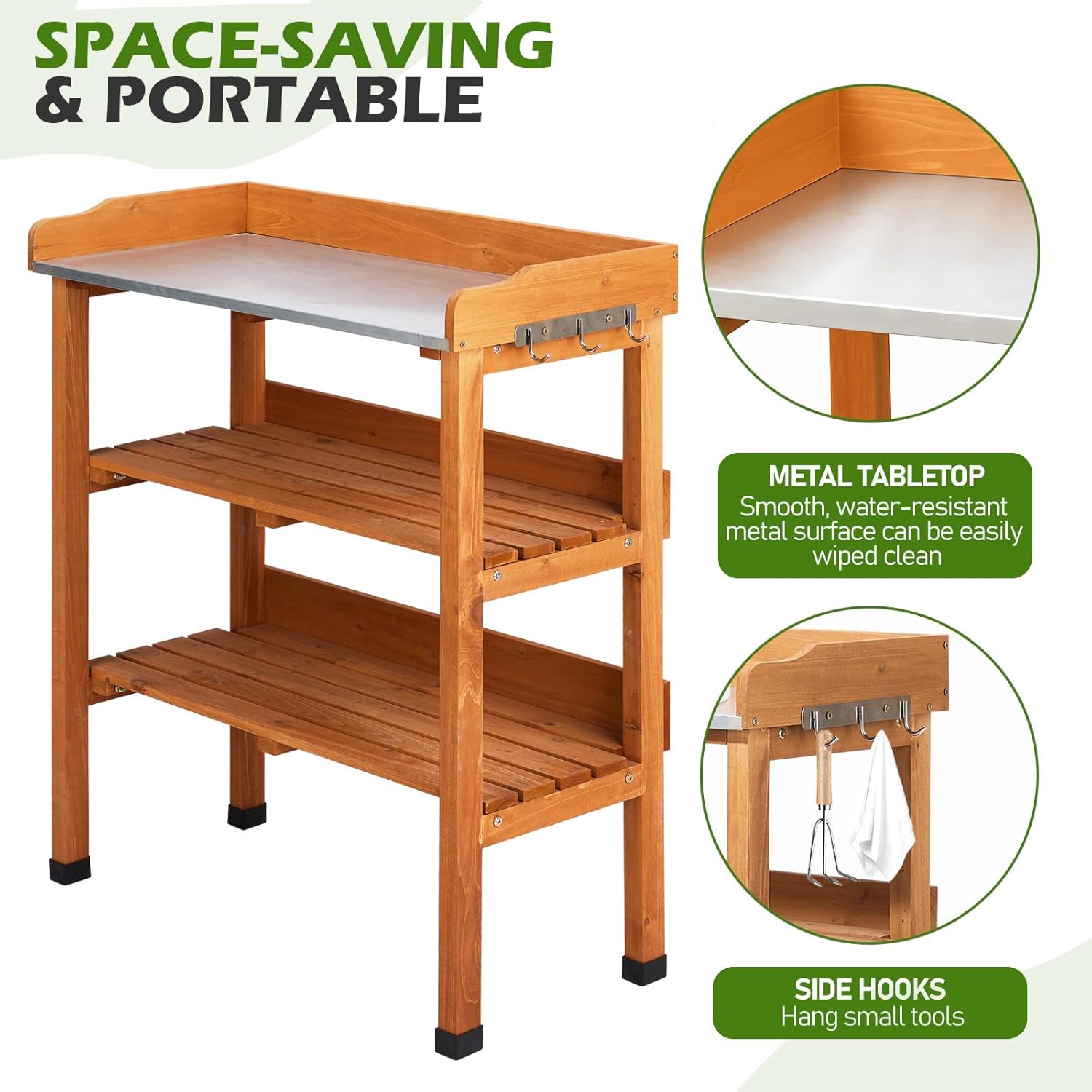 Outdoor Potting Bench Garden Work Station, Solid Wood Planting Table w/Sink Drawer Shelves,Metal Top, Folding Patio Furniture for Porch Balcony (29.1 x 14.2 x 35.6(Orange Yellow))