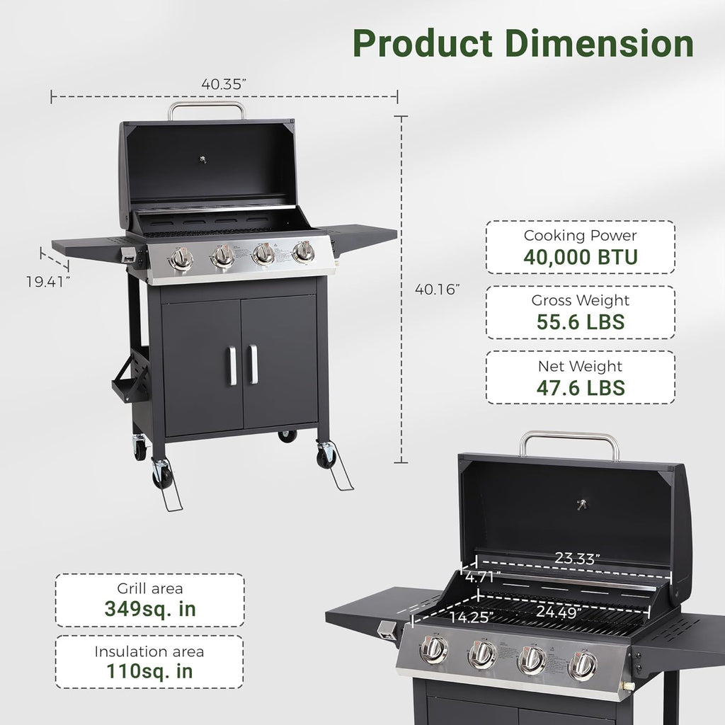 4-Burner Propane Gas BBQ Grill with Wheels, 40,000 BTU Output Stainless Steel Barbecue Grill for Backyard & Outdoor Cooking Easy Assembly, Foldable Side Tables & Spice Rack (Dark Black)