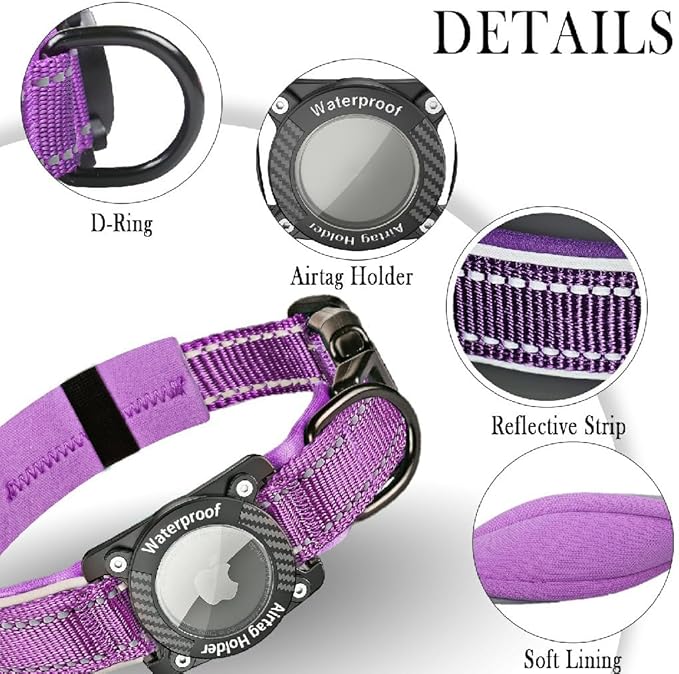 Upgraded AirTag Dog Collar, IP68 Waterproof Dog Collar with Apple Air Tag Holder, Reflective Adjustable Heavy Duty Dog Collars with Soft Padded for Small, Medium and Large Dogs,Purple, M