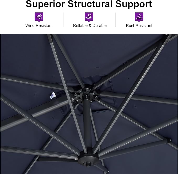 PURPLE LEAF Patio Umbrella with Base 10 Feet Outdoor Cantilever Square Umbrella Aluminum Offset Umbrella with 360-degree Rotation for Garden Deck Pool Patio, Navy Blue