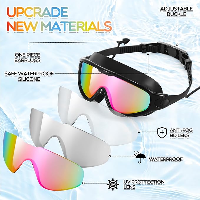 Kanayu 6 Pieces Swimming Goggles Wide View No Leaking Anti Fog Adult Swim Goggles with Earplugs Nose Clip for Adult Men Women