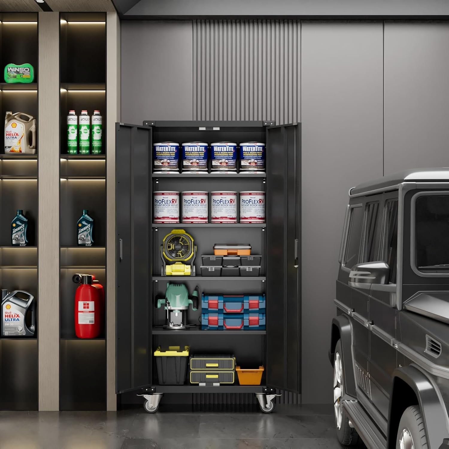 72" H Metal Storage Cabinet with 2 Doors and 4 Adjustable Shelves, Garage Storage Cabinet with Wheels for Garage Home, Required-Assembly,Black