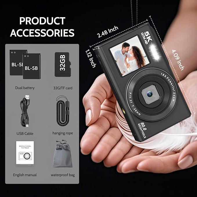 5K Digital Camera, Dual Screens Camera with 18X Digital Zoom, Compact Vlogging Camera for Teens, Beginner-Friendly Gift Pack, 32GB Card & 2 Batteries, Black