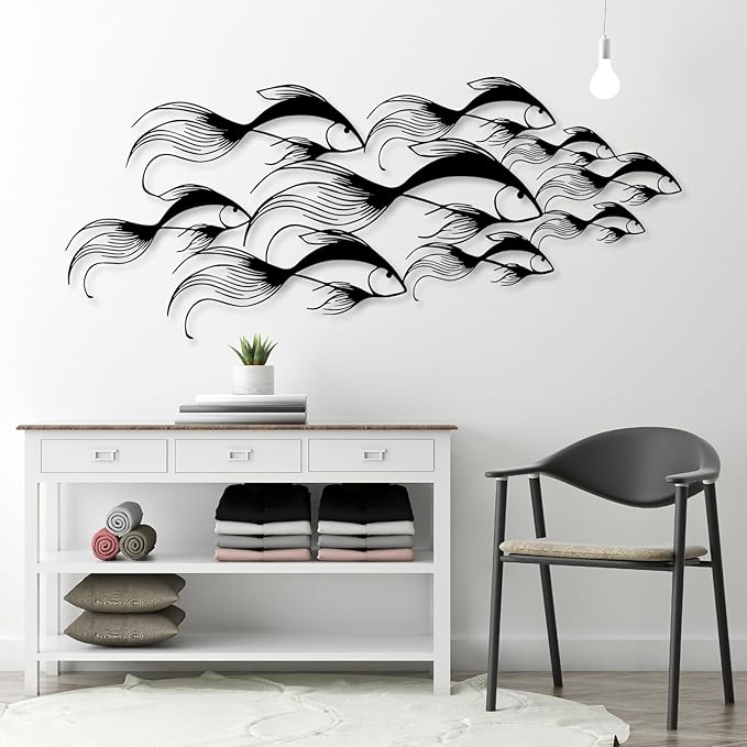 School of Fish Metal Wall Art, Metal Fish Wall Decor, Sea Life Wall Art, Large Nautical Wall Hanging, Modern Beach House Wall Decor, Ocean Themed Artwork for Bathroom (White, 30"x12" | 76x32cm)