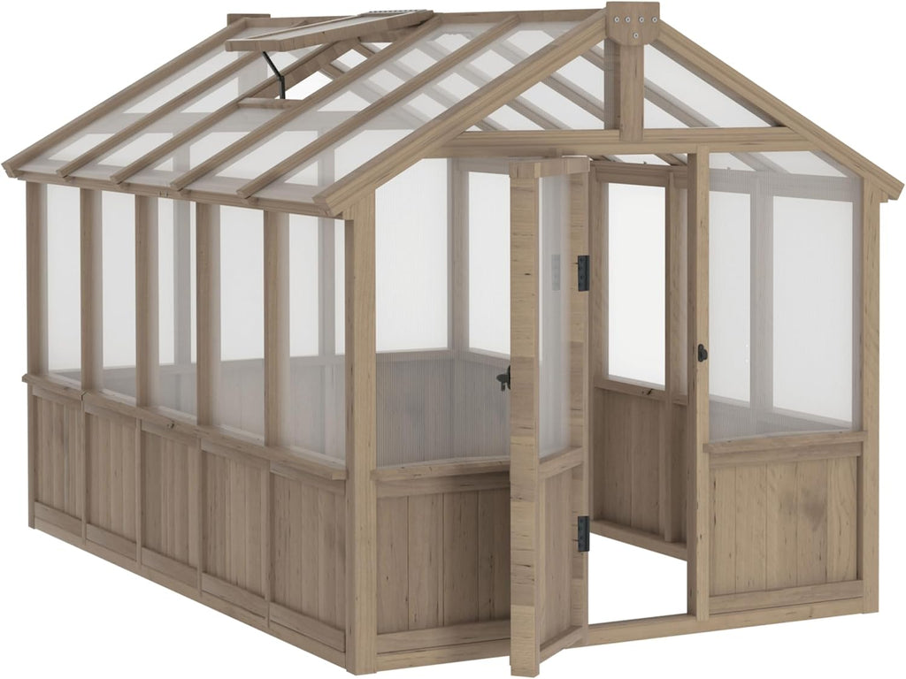 Mupater 6'x10' Wooden Greenhouse for Outdoor, Heavy Duty Green House Kit with Ventilated Window and Lockable Door, 6mm MWPC Panels for UV Protection, Walk-in Greenhouse for Backyard, Patio, Lawn
