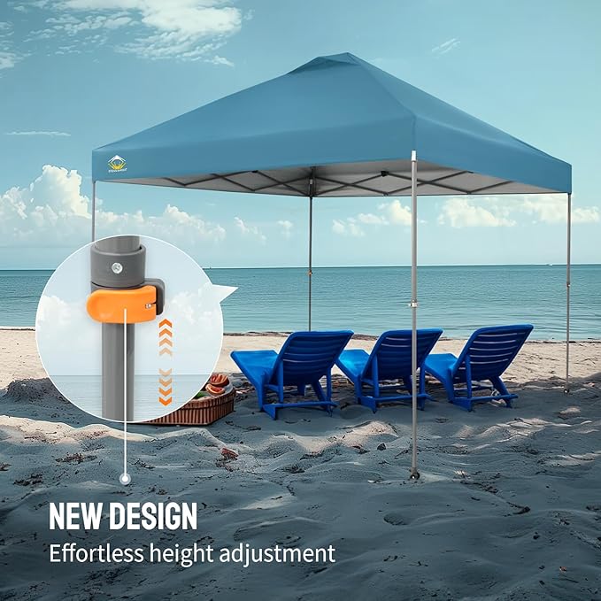 CROWN SHADES Adjustable Height on The Fly, 10x10 Pop Up Canopy - Beach Tent with One Push Setup - Easy Outdoor Sun Shade for Events, Parties, Camping - Outside Shade with STO-N-Go Bag, Cyan Blue