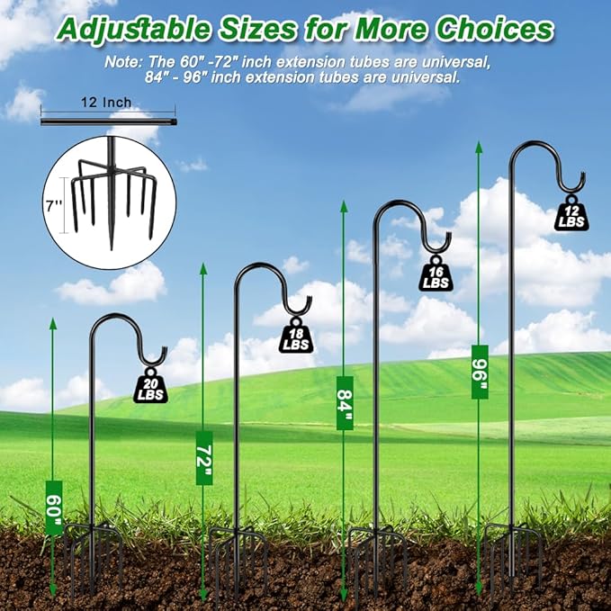 60" Shephards Hook for Outdoor, Heavy Duty Bird Feeder Pole with 7 Base Prongs, Adjustable Shepherds Hook for Hanging Bird Feeder, Solar Light Lanterns, Garden Plant Hanger Stands,2 Packs