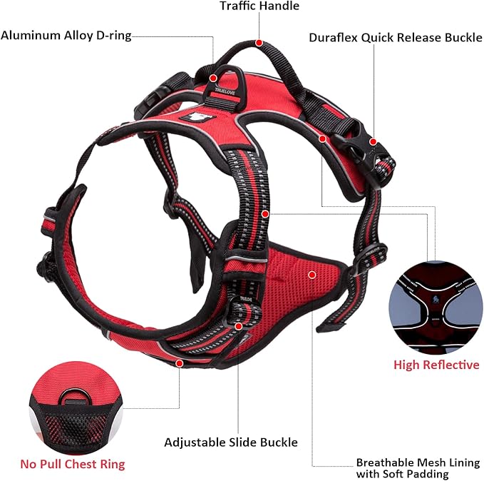 TRUE LOVE Adjustable No-Pull Dog Harness Reflective Pup Vest Harnesses Comfortable Control Brilliant Colors Truelove TLH5651(Red,M)