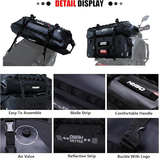 Waterproof Duffel& Luggage Bag - Motorcycle Dry Bag Tail Saddle Bags with Roll Top Closure,Large Storage Space,for Camping, Kayaking, Fishing & Traveling(Black, 20L)