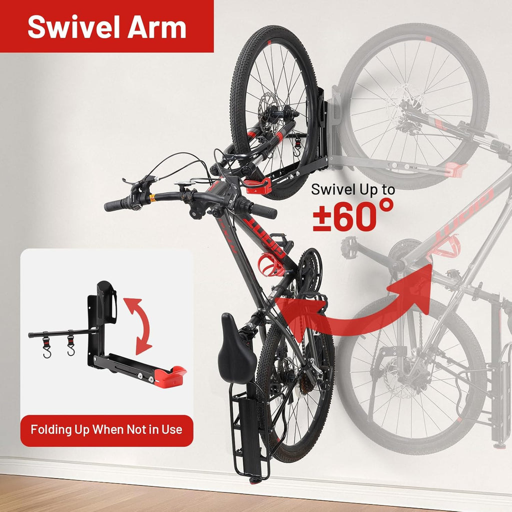 Bike Wall Mount Rack Adjustable & Foldable Garage Bike Rack with Swivel Design & 2 Storage Hooks, Fits 20"-29" Bikes, Holds Up to 77 lbs, Easy Install & Space-Saving Bike Storage 1 Pack