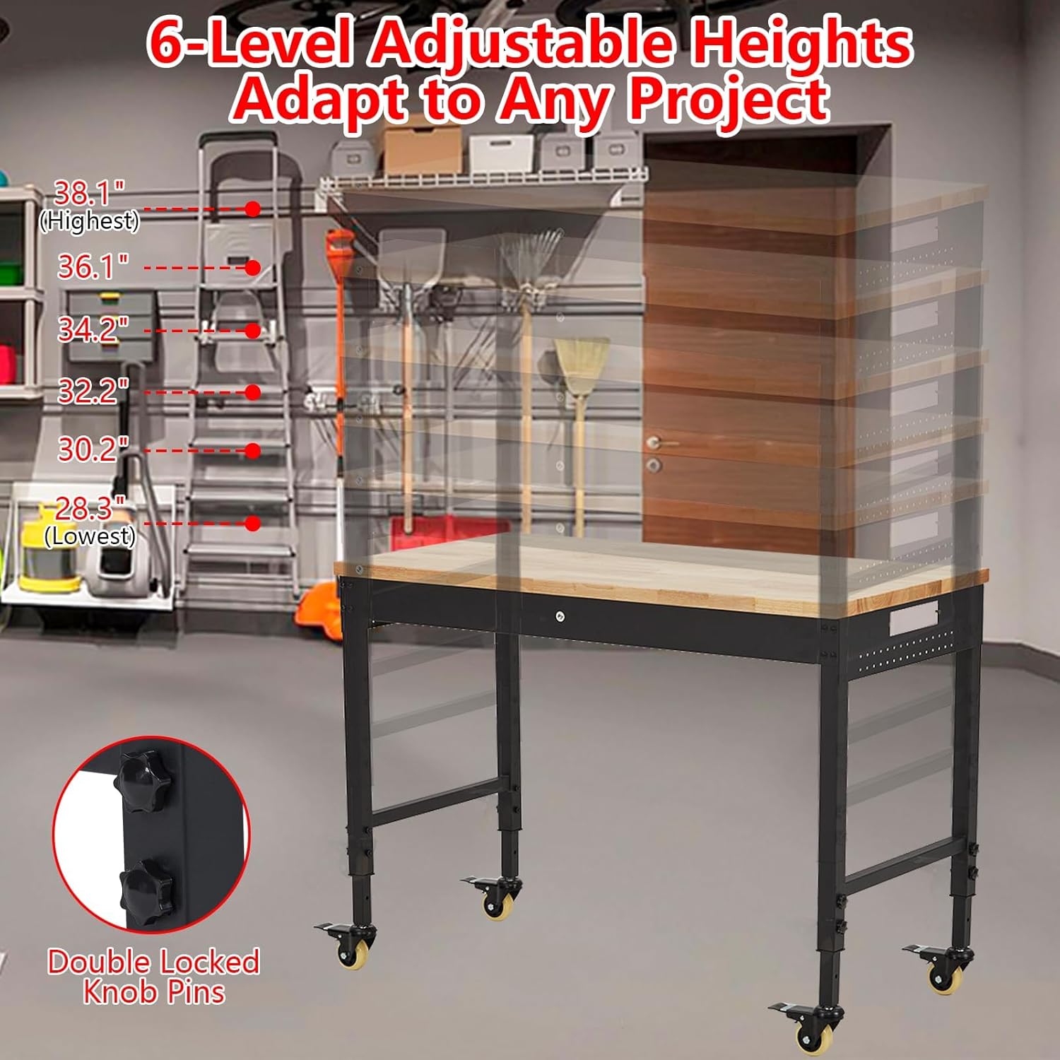 48x24 Inch Heavy-Duty Adjustable Workbench with Rubber Wood Top – 2000LB Capacity Mobile Garage Workstation, Locking Wheels, Power Outlets, Ideal for Workshop, DIY & Tool Storage (Black)