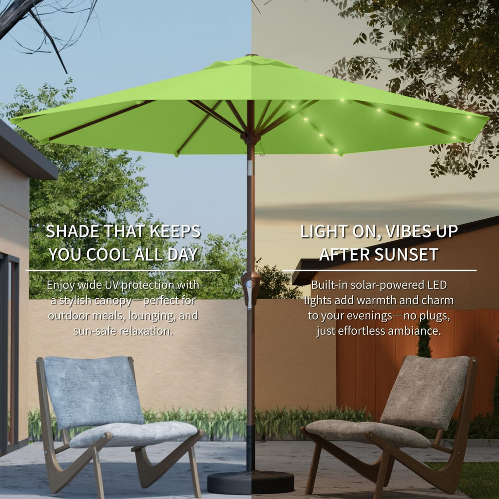 9FT Solar Umbrella 32 LED Lighted Patio Umbrella Table Market Umbrella w/Tilt and Crank, UV-Resistant Outdoor Umbrella for Pool, Garden, Deck, Apple Green