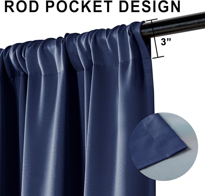 XWZO 100% Blackout Curtain Panels - Rod Pocket Thermal Insulated Black Liner, Noise Reducing and Heat Blocking Drapes for Hall and Studio Windows with Tiebacks, Navy Blue, W52 x L45, Set of 2