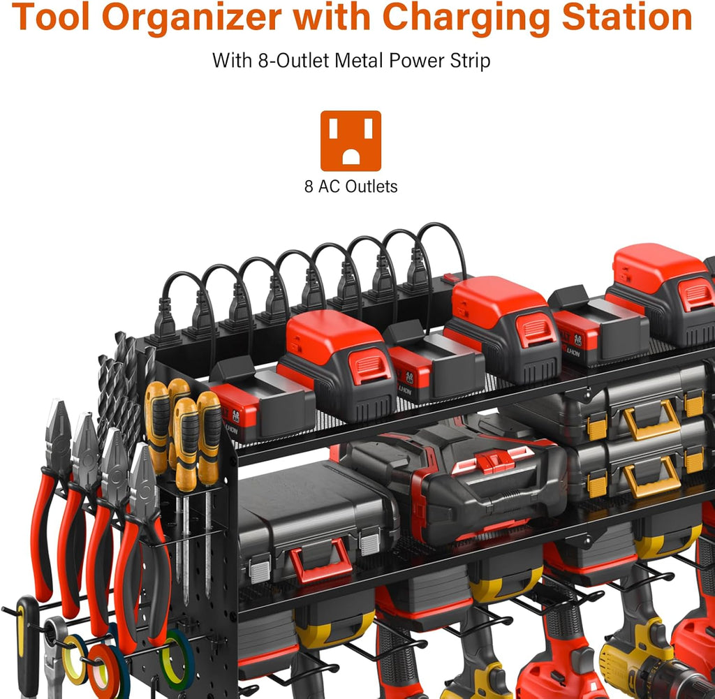 JUNNUJ Large Pegboard Power Tool Organizer with Charging Station, 8 Drills Driver and Tools Battery Holder Wall Mount with 8 Outlet Power Strip, Black 3-Layer Shop Garage Storage Utility Rack