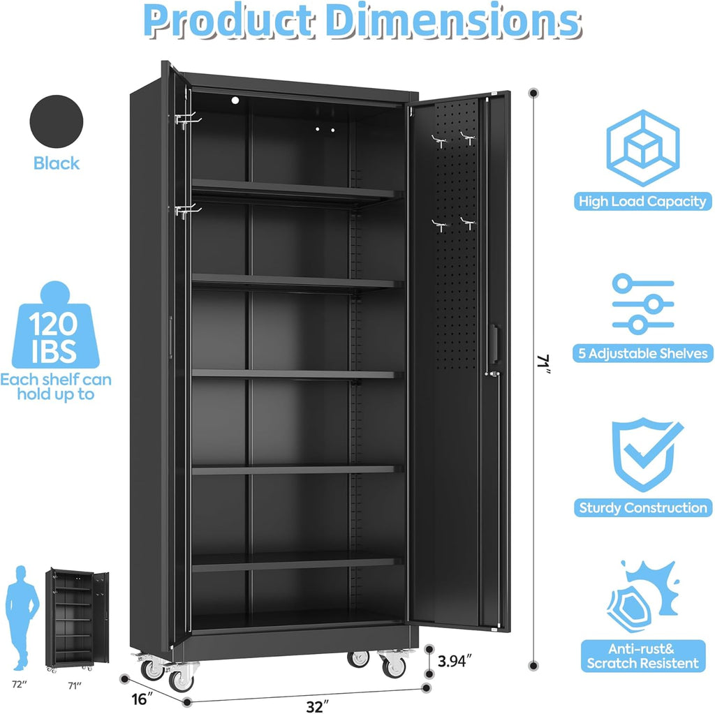 Metal Garage Storage Cabinet with Wheels & Pegboard, Lockable Metal Storage Cabinets with 2 Doors&5 Adjustable Shelves for Garage&Home,Assembly Required,Black 71''H x32''W x16''D
