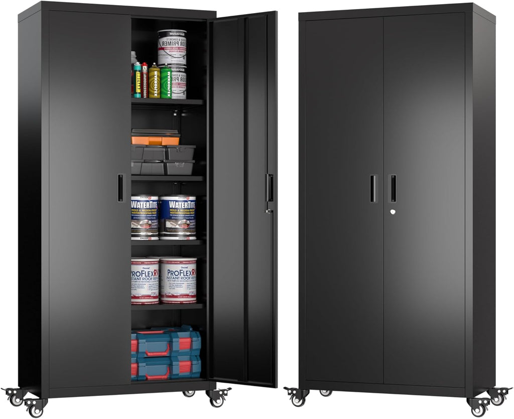 73" H Metal Garage Storage Cabinet with Wheels,Rolling Tool Storage Cabinet with 2 Doors and 4 Adjustable Shelves for Garage,Home,Office,Warehouse,Workshop, Required-Assembly,Black