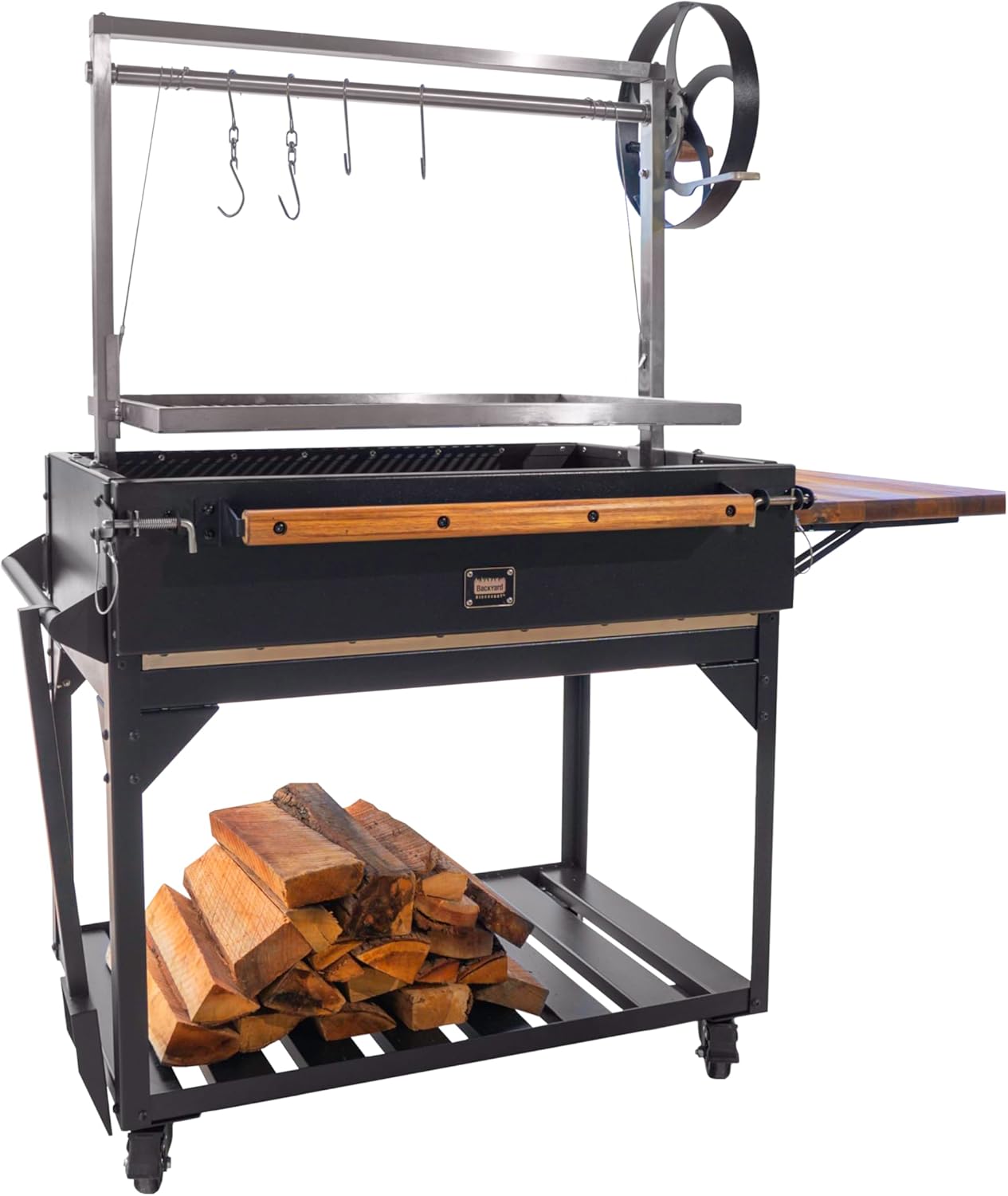Backyard Discovery Argentine Santa Maria Heritage Wood Fire & Charcoal BBQ Grill with Adjustable Grill Grates, Fire Bricks, Heavy-Duty Steel, S-Hooks, Acacia Wood Table for Outdoor Gaucho Grilling