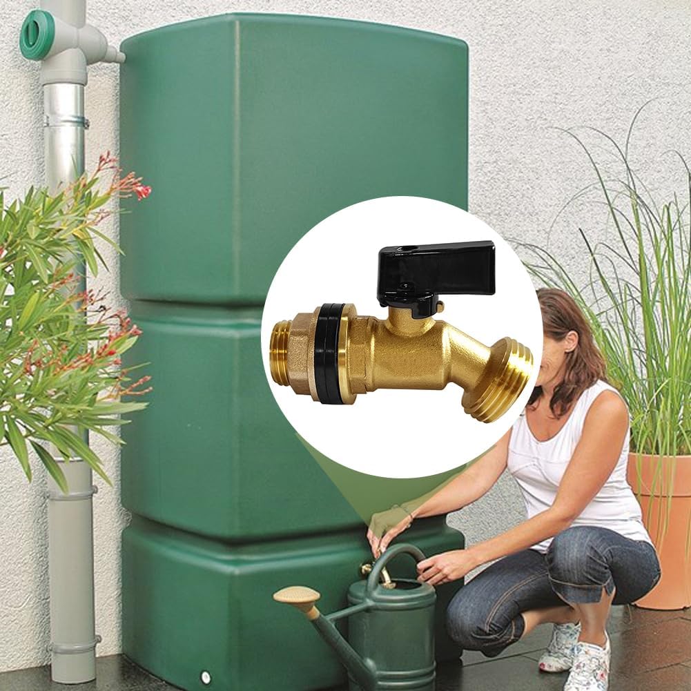 Brass Water Container Rain Barrel Faucets Spigot 3/4"G Male Thread Large Inlet to 3/4"GHT Male Thread Outlet with Quarter Turn Ball Valve Include Bulkhead Fitting and Washers