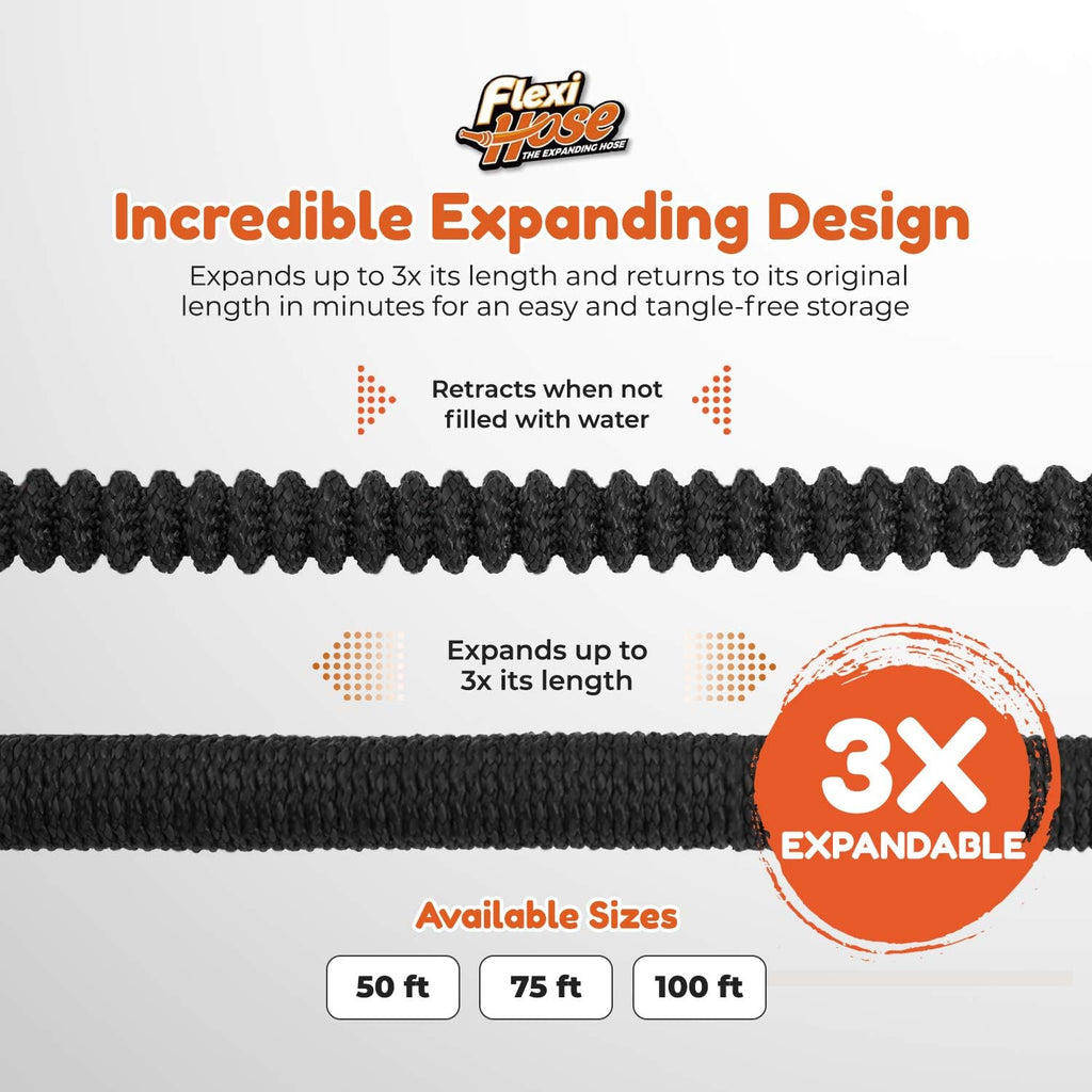 Flexi Hose Lightweight Expandable Garden Hose, No-Kink Flexibility, 3/4 Inch Solid Brass Fittings and Double Latex Core (25ft, Black)