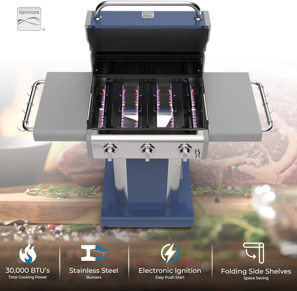 Kenmore 3-Burner Propane BBQ Grill, 30,000 BTUs Gas Grill with Cast Iron Cooking Grates, Folding Side Tables & Wheels, Outdoor Grill with Tool Hooks, Azure Blue + Bonus Cover
