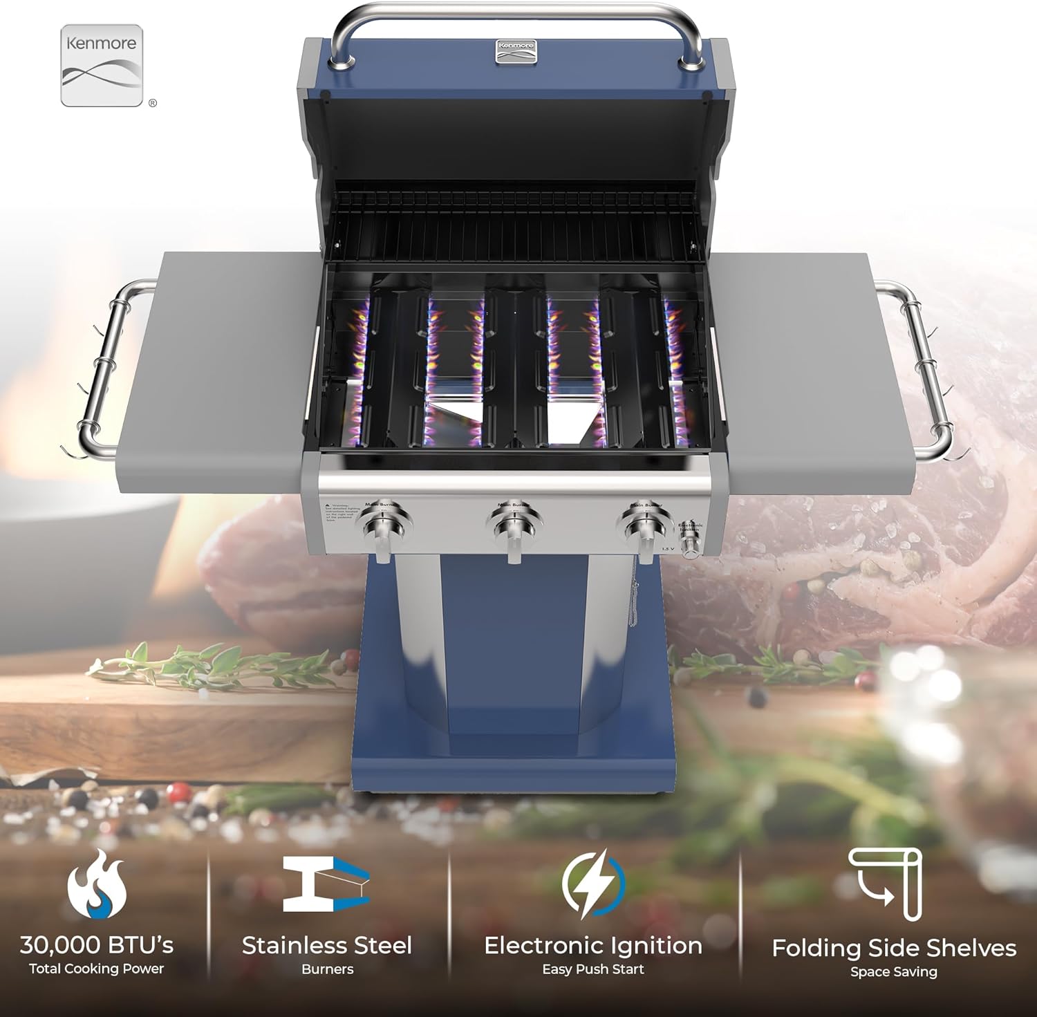 Kenmore 3-Burner Propane BBQ Grill, 30,000 BTUs Gas Grill with Cast Iron Cooking Grates, Folding Side Tables & Wheels, Outdoor Grill with Tool Hooks, Azure Blue