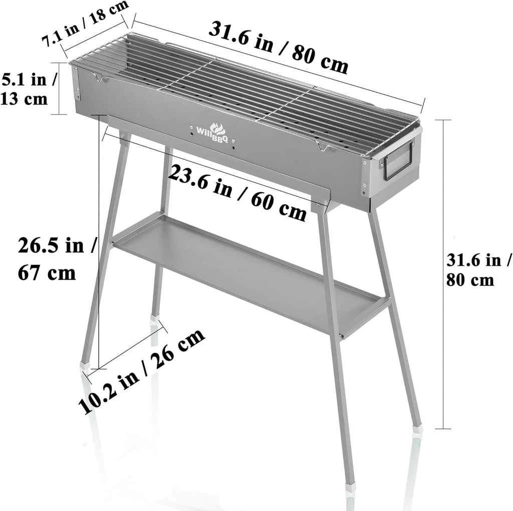 Charcoal Grills Commercial Quality Portable Multiple Size Hibachi BBQ Lamb Skewer Folded Camping Barbecue Grill for Garden Backyard Party Picnic Travel Outdoor Cooking Use(31.6x7.1x5.1 inch)