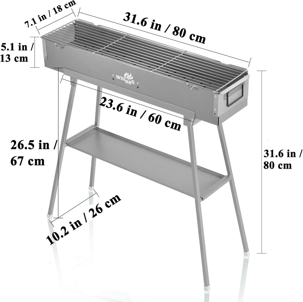 Charcoal Grills Commercial Quality Portable Multiple Size Hibachi BBQ Lamb Skewer Folded Camping Barbecue Grill(31.6x7.1x5.1 inch With Accessories)