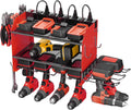 CCCEI Modular Power Tool Organizer Wall Mount Charging Station, Red 6 Drills Holder with 8 Plug Power Strip, Garage Drill Battery Heavy Duty Metal Shelf, Utility Rack with Hooks, Side Storage.