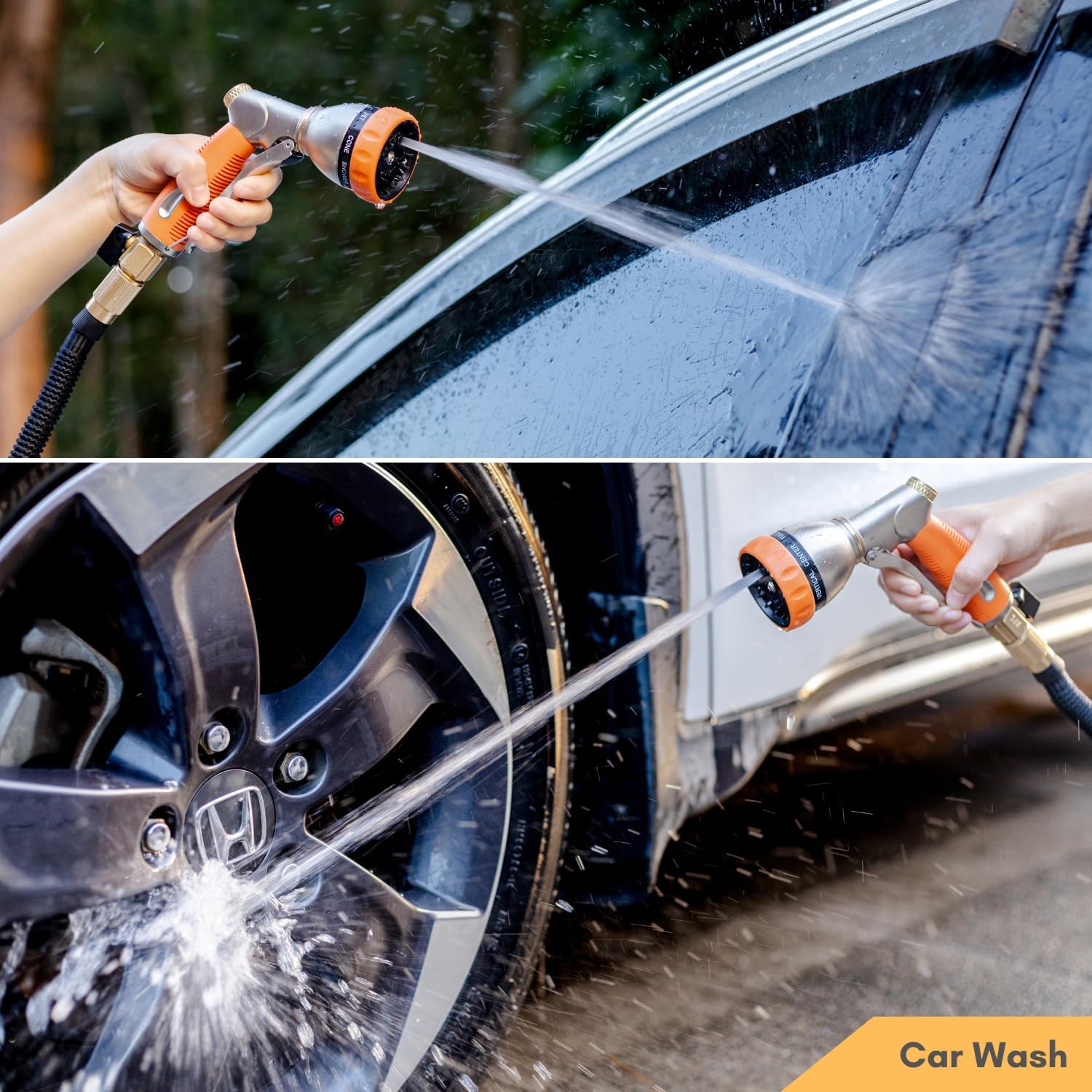 HOSUN Garden Hose Nozzle Sprayer Heavy Duty, 100% Metal Water Hose Nozzle with 8 Spray Patterns, High Pressure Hose Spray Nozzle with Non-Slip Grip for Watering Plant & Lawn, Washing Car & Pet, Orange