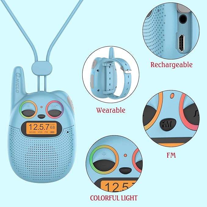 Qniglo Kids Walkie Talkies Rechargeable, Gifts for 3-12 Year Old Girls & Boys, Walkie Talkies with FM Radio, Adventure Camping Games, Best Christmas & Birthday Toys - 3 Pack