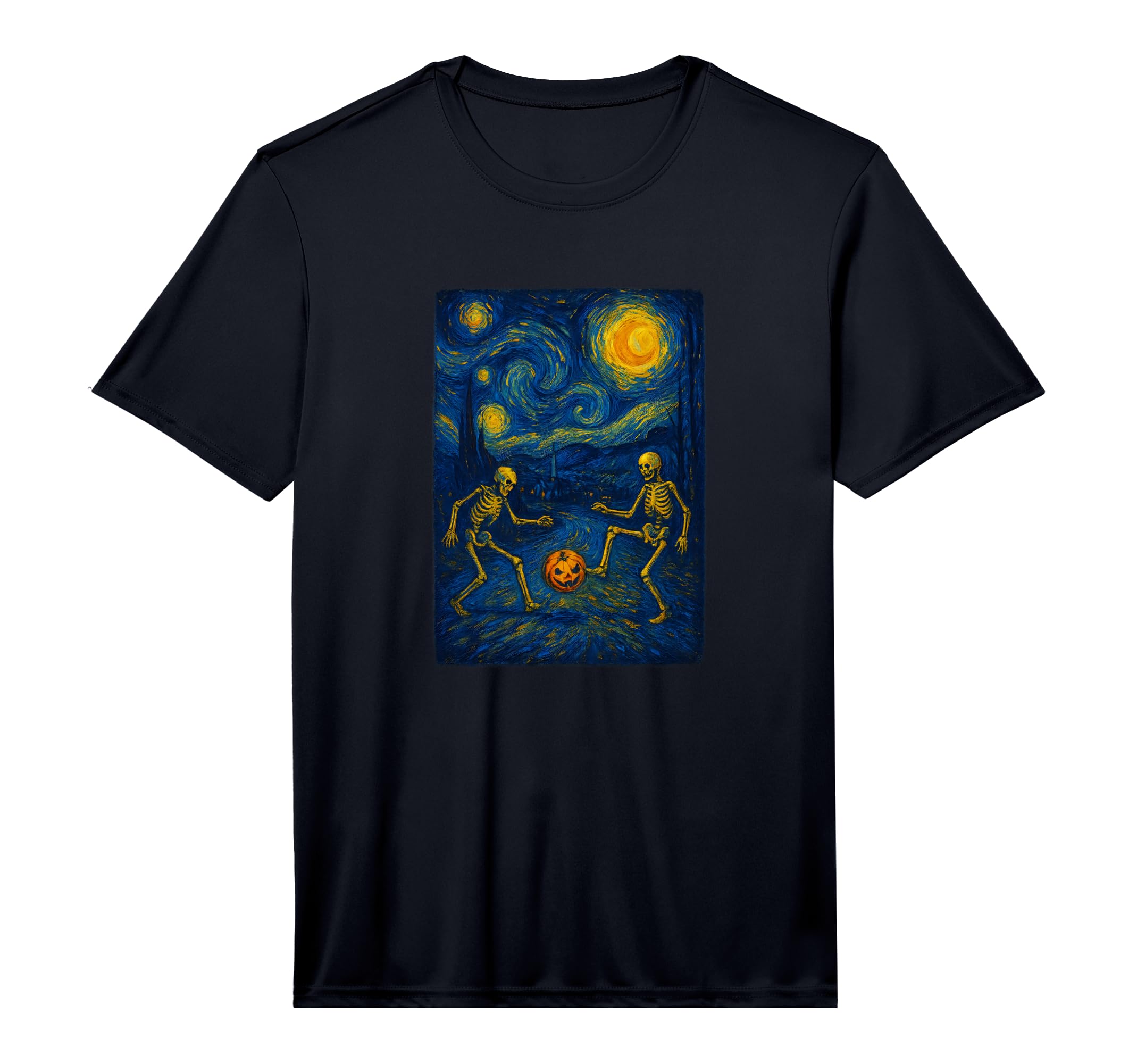Mens Starry Night Skeleton Pumpkin T-Shirt - Unique Graphic Men Women