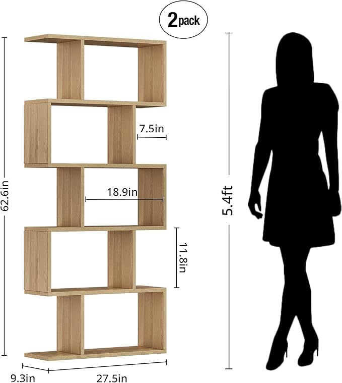 Oak 5-Tier Geometric Bookcase, S-Shaped Modern Bookshelf Set of 2, 62.6" Tall Room Divider Book Shelf, Decorative Display Shelf