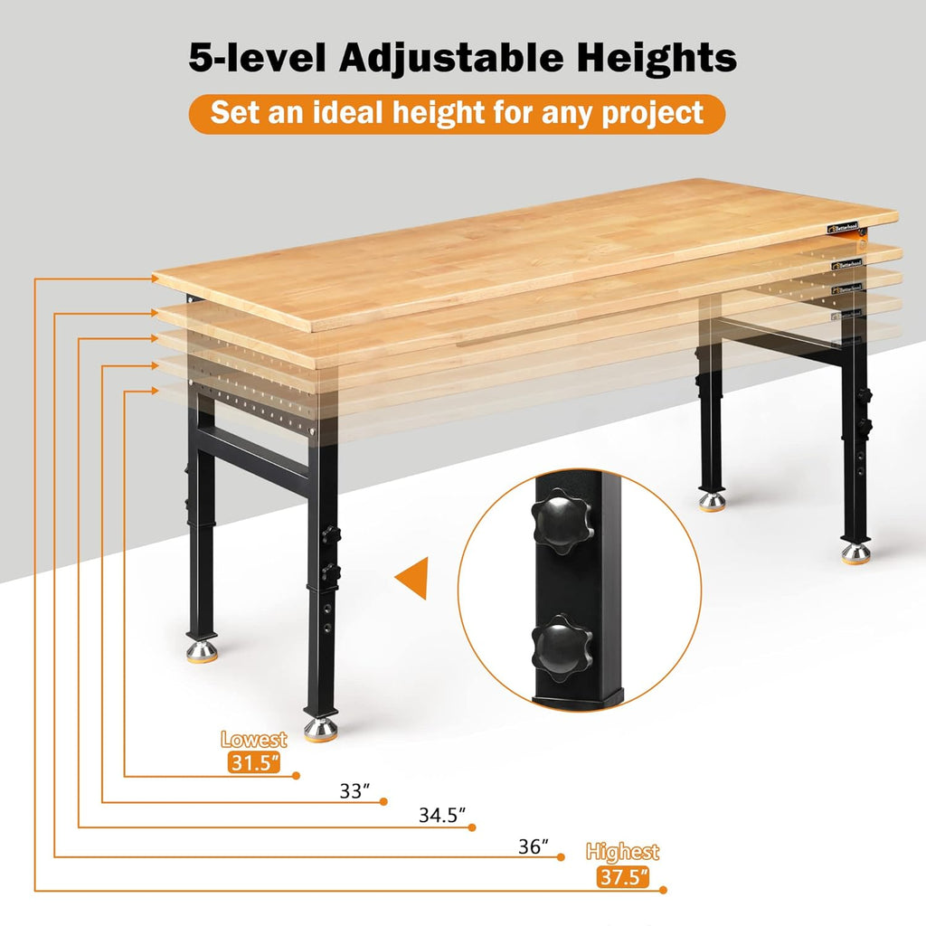 60" Heavy-Duty Adjustable Workbench for Garage, Rubber Wood Shop Table W/Double Pegboards & Drawer,Hardwood Workstation Weight Capacity Over 2000 Lbs