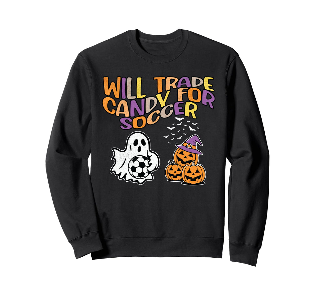 Will Trade Candy Soccer Funny Ghost Sweatshirt - Trendy Graphic for Adults
