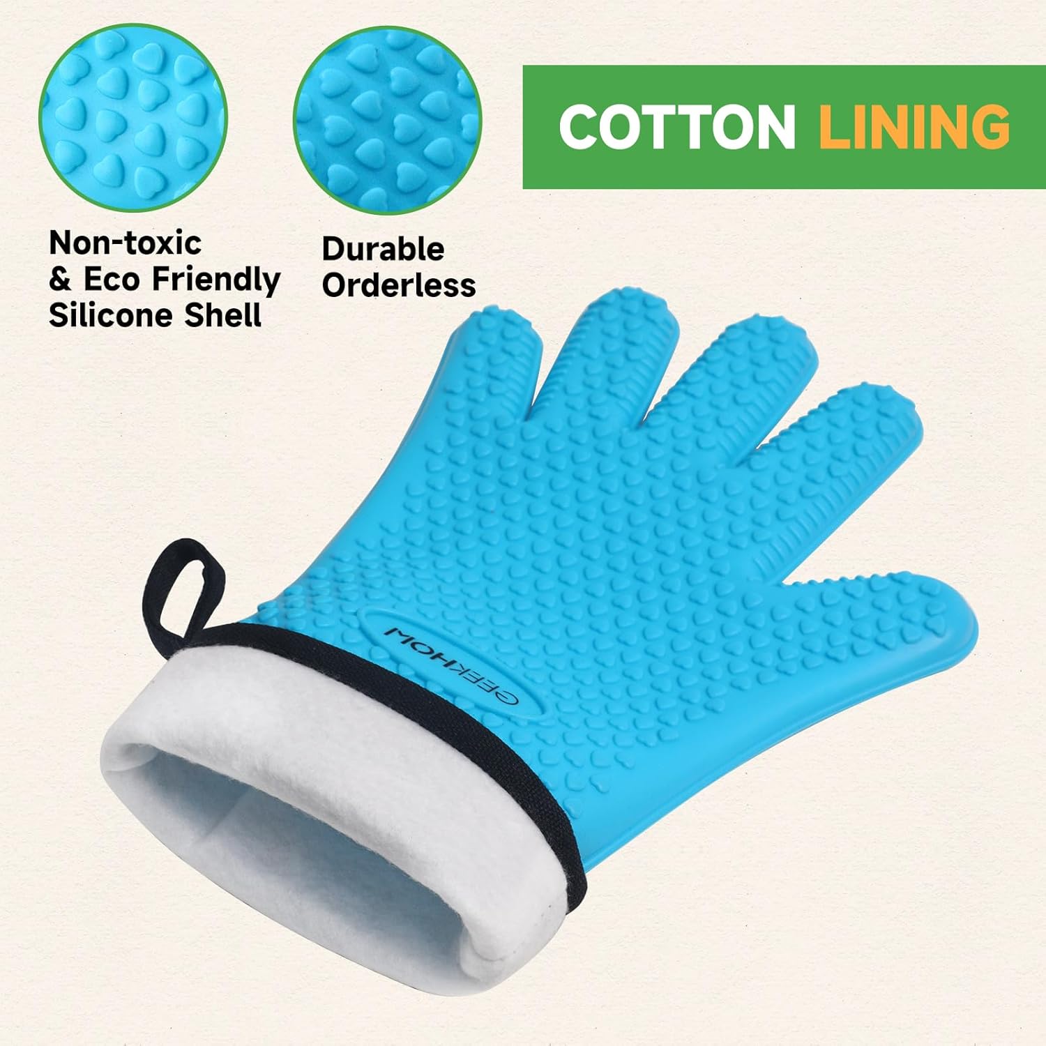 GEEKHOM BBQ Gloves, Grilling Gloves Heat Resistant Oven Gloves, Kitchen Silicone Oven Mitts, Long Waterproof Non-Slip Pot Holder for Barbecue, Cooking, Baking, Aqua Blue