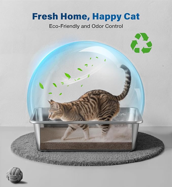 Stainless Steel Litter Box, Large Metal Cat Litter Box with High Sided for Big and Small Cats, Non-Stick, Easy to Clean, Odor-Free, 19.5" L×13.6" W×5.9" H, Leaf Green