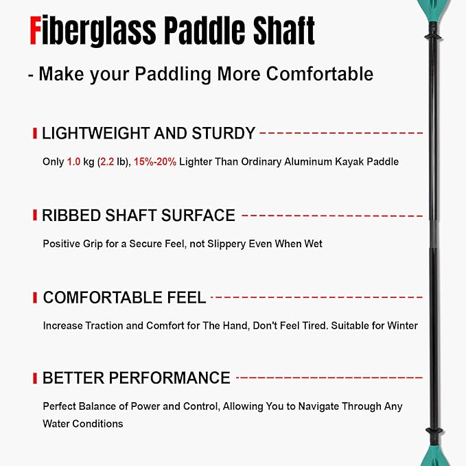 Kayak Paddles with Fiberglass Shaft and Reinforced PP Blade, Floating Adjustable Kayaking Oars, 3 Piece, 220-240 cm/86-94 Inches, 240-260 cm/94-102 Inches
