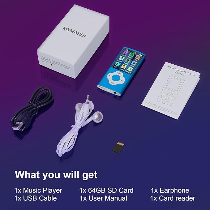 Portable 64GB MP3 Player with Bluetooth, MYMAHDI 1.8" HD LCD Screen MP4/MP3 Player Up to 128GB, Music Player with Video, Music, FM Radio, E-Book Reader, Voice Record, Photo Viewer, Darkblue
