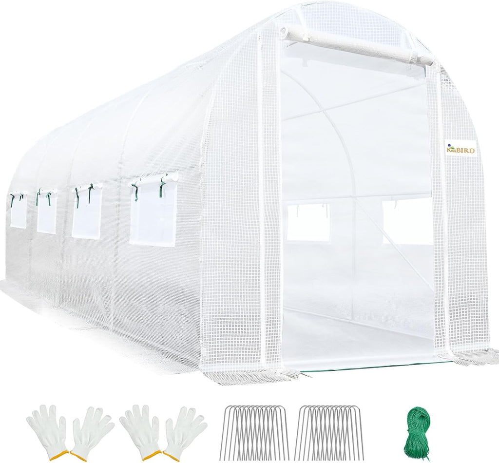 KING BIRD Premium 15x6.6x6.6FT Greenhouse for Outdoors, Large Walk-in Heavy Duty Galvanized Steel Frame, Mesh Door Screen Window Upgraded Zipper Tunnel Hoop for Garden Plant Winter, White