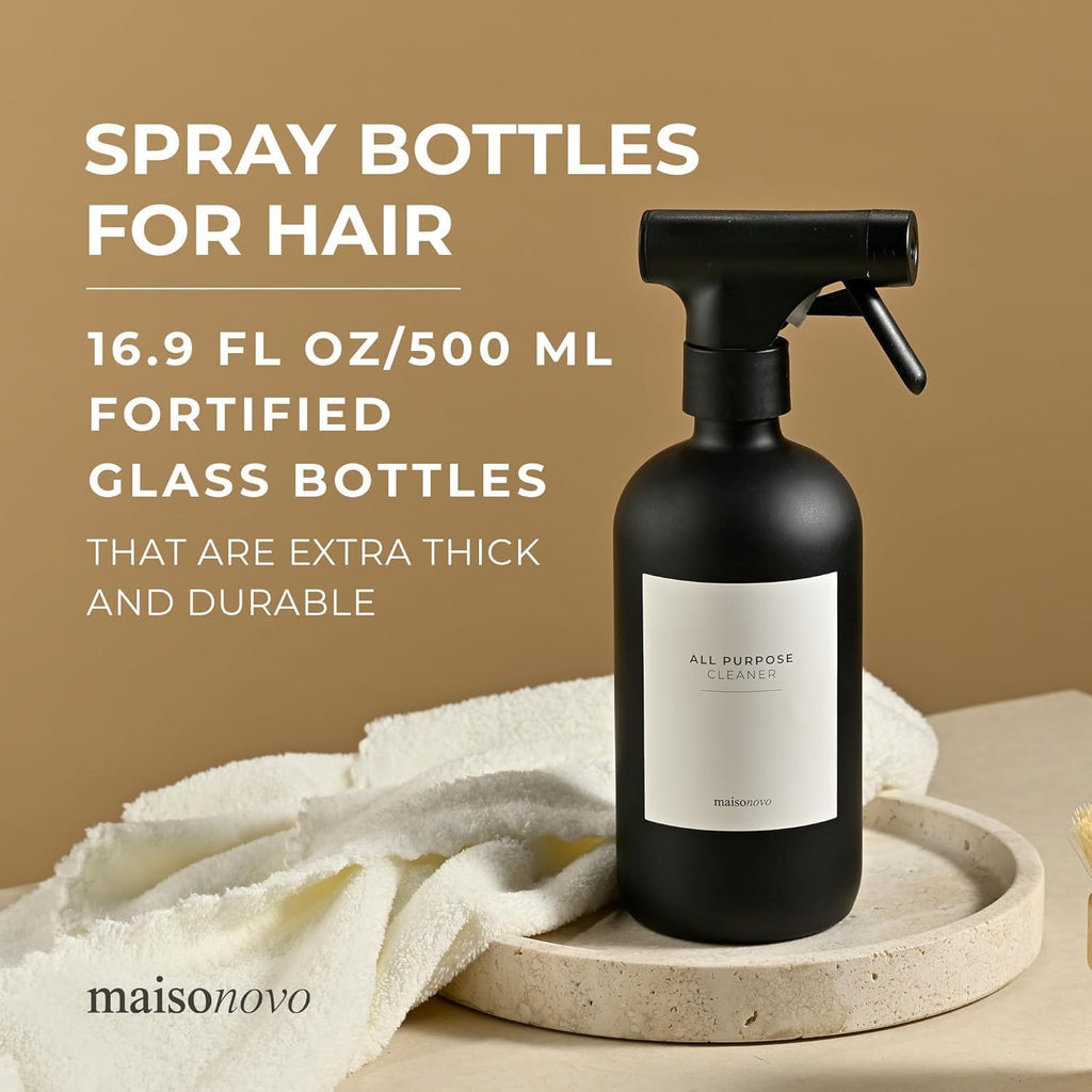 MaisoNovo Spray Bottle for Hair - 16.9 fl oz Black x 2 with 16 Labels