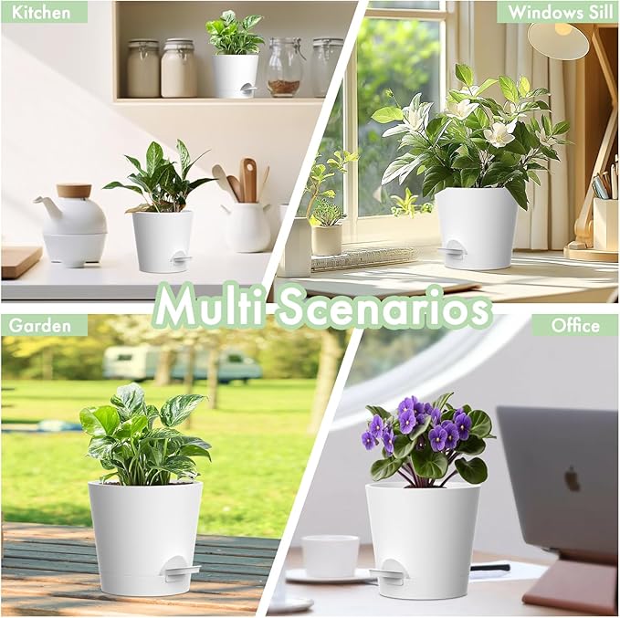 4 inch Self Watering Pots for Indoor Outdoor Plants, 6 Pack Plastic Flower Planters with Drainage Holes and Removable Saucers, Plant Pots with Wicking Rope, Modern Decor, White