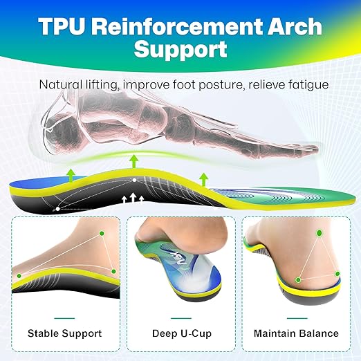 Upgraded Plantar Fasciitis Insoles, 240lbs Heavy Duty Work Boot Insoles for Men, Arch Support Orthotics Inserts, Athletic Gel Shoe Inserts for Pain Relief, Flat Feet, Standing All Day - S