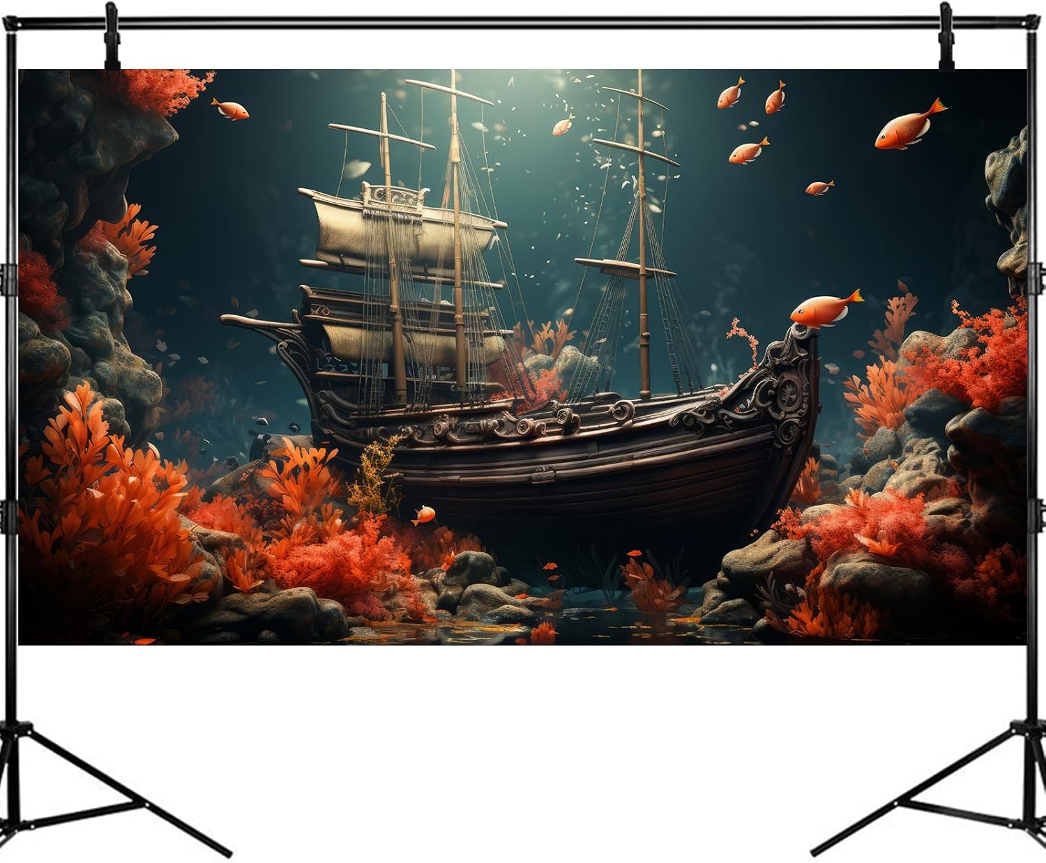 Pirate Shipwreck Aquarium Background Under The Sea Coral Reefs Fish Tank Background Underwater Sunken Ship Landscape Terrarium Background Tropical Sea Marine Life Aquarium Tank Background 72x16in
